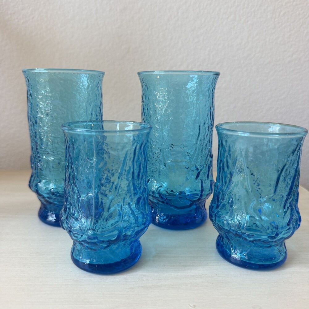 Lot of 4 Vintage Anchor Hocking Rainflower Laser Blue Tumblers and Juice Glasses